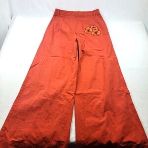NWT Shein X high-waisted‎ wide leg orange embroidered flower patch pants